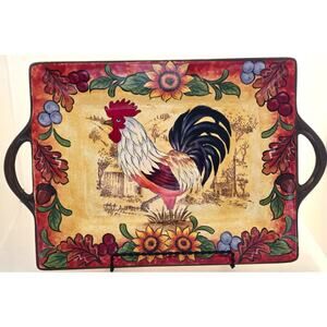 Tray/Platter-Maxcera-"Fall Rooster"-Ceramic-Autumn-Harvest-Sunflower-Handles